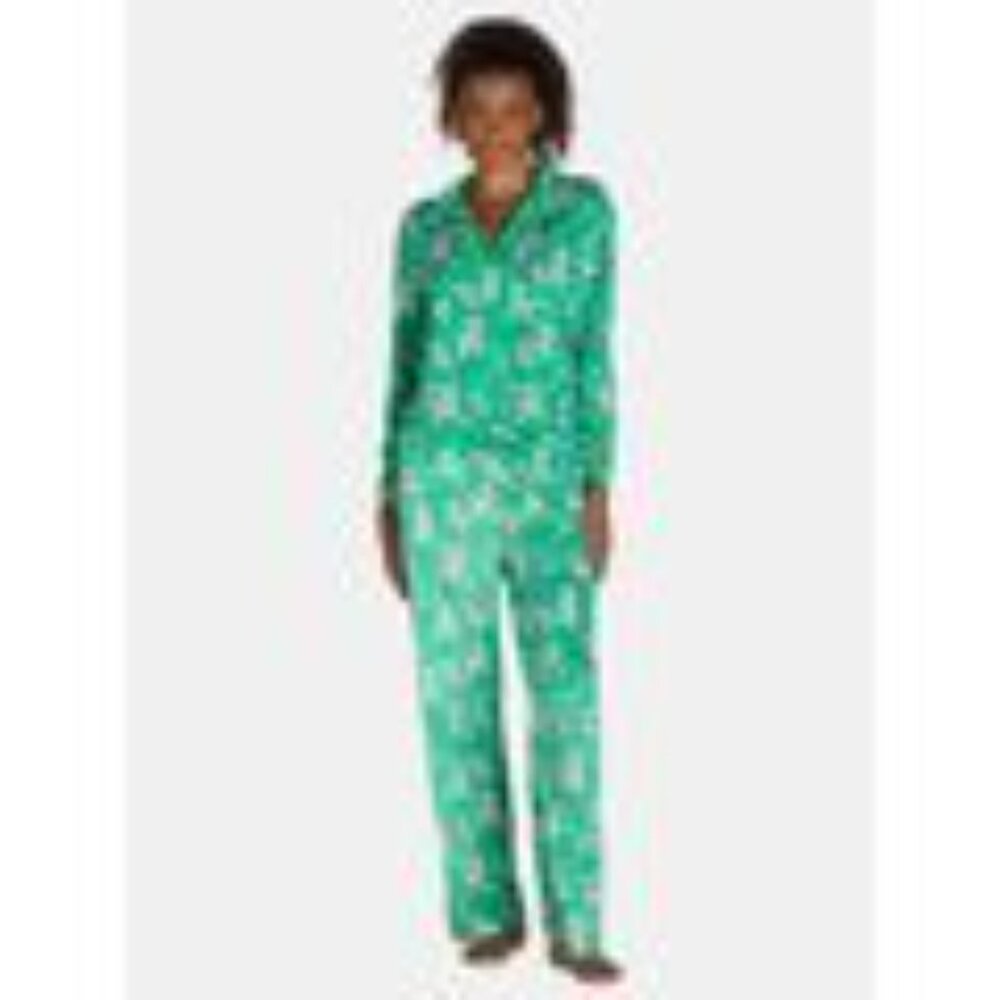 Holiday Time Pajama Set Women Christmas Green Mint Retro Reindeer Print PJ's NEW - Picture 3 of 8